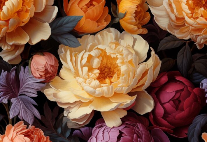 Kesarvan, Opulent Saffron and Plum Blooms Wallpaper