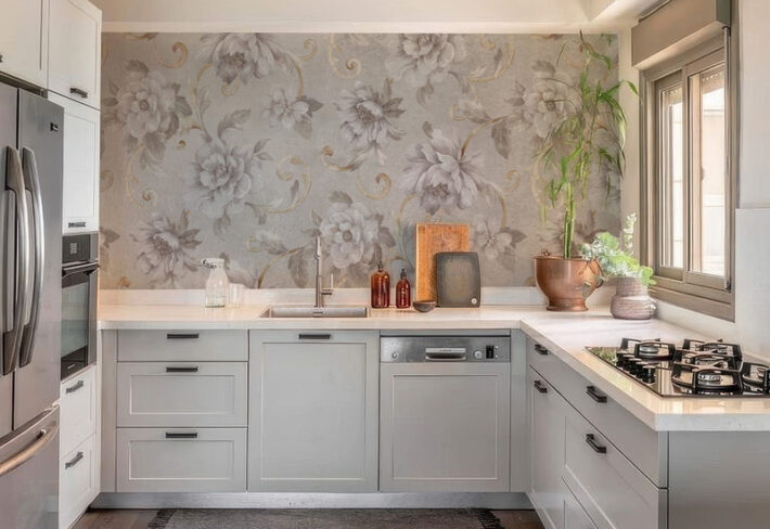 Sablebloom, Antique Scroll and Peony Design Wallpaper