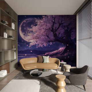 Lunablossom, Dreamy Cherry Tree Full Moon Mural Wallpaper