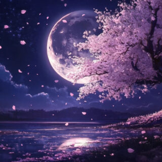 Lunablossom, Dreamy Cherry Tree Full Moon Mural Wallpaper