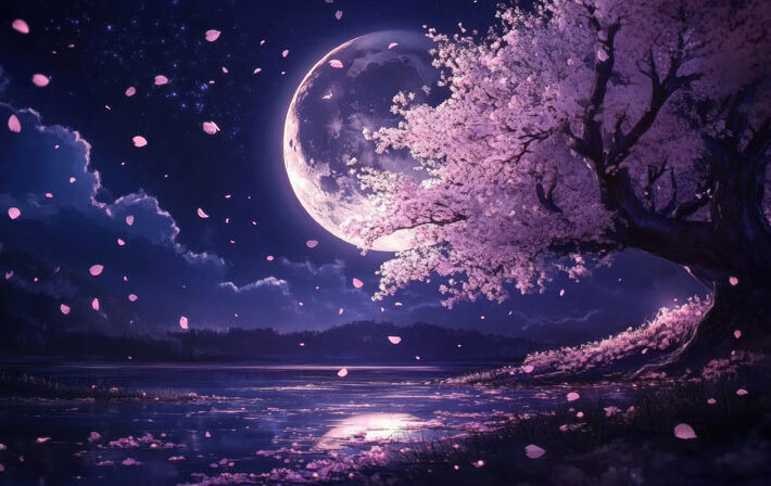 Lunablossom, Dreamy Cherry Tree Full Moon Mural Wallpaper
