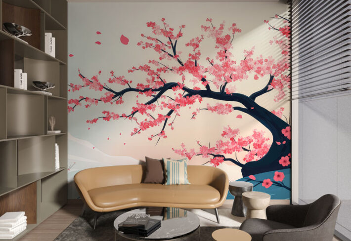 Sakuraland, Stylized Japanese Cherry Tree Landscape Wallpaper