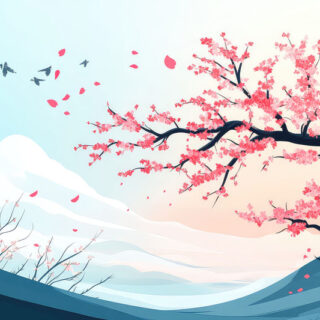 Sakuraland, Stylized Japanese Cherry Tree Landscape Wallpaper