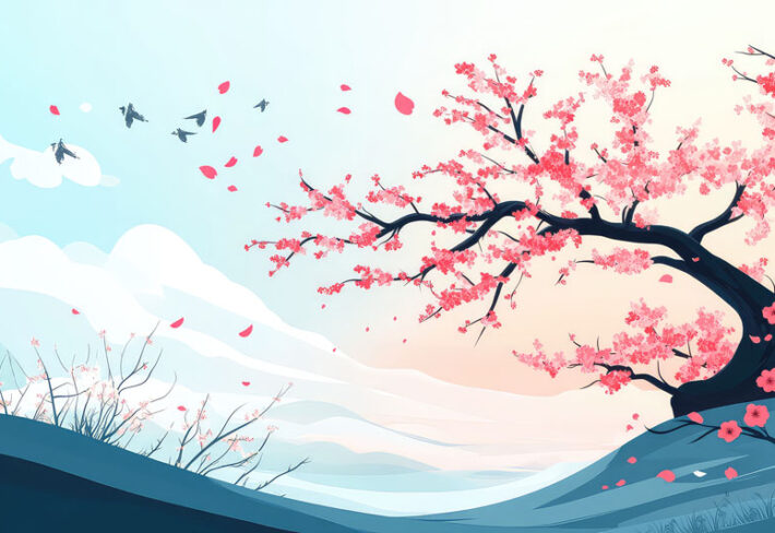 Sakuraland, Stylized Japanese Cherry Tree Landscape Wallpaper