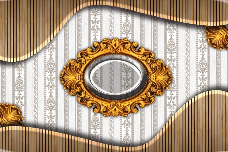 Baroquestyle, Curving Wood and Gold Frame Design Wallpaper