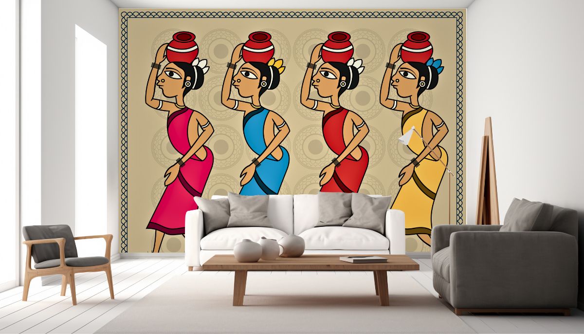 Kalighat Painting of Women Carrying Matka Wallpaper Mural 
