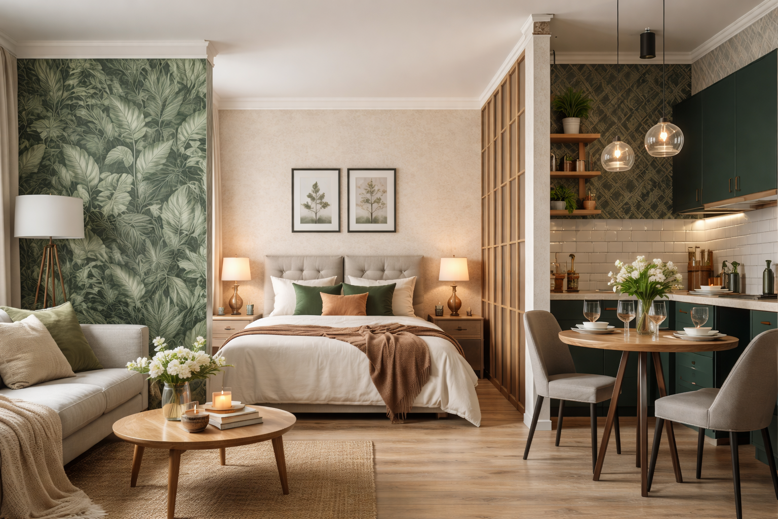 A modern studio apartment where wallpaper visually separates the living area, sleeping space, and dining kitchen, creating clear functional zones within one open layout.