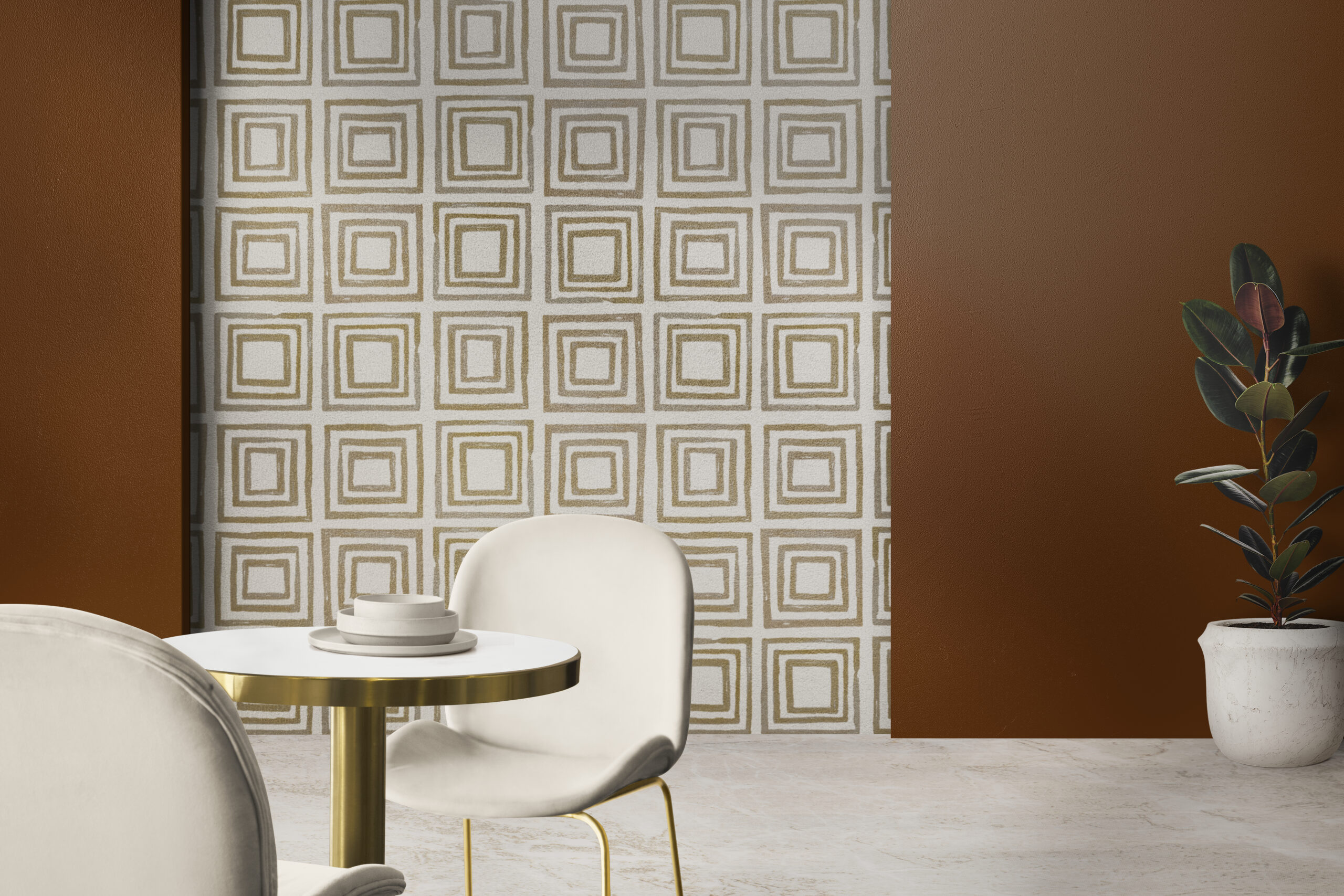 A modern dining nook with a geometric patterned wallpaper panel, white upholstered chairs, a round table with brass detailing, and warm terracotta-colored walls.