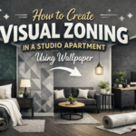 A modern studio apartment showing visual zoning created with different wallpaper patterns for the bedroom, living area, and home office, with professional neutral colors and stylish decor.