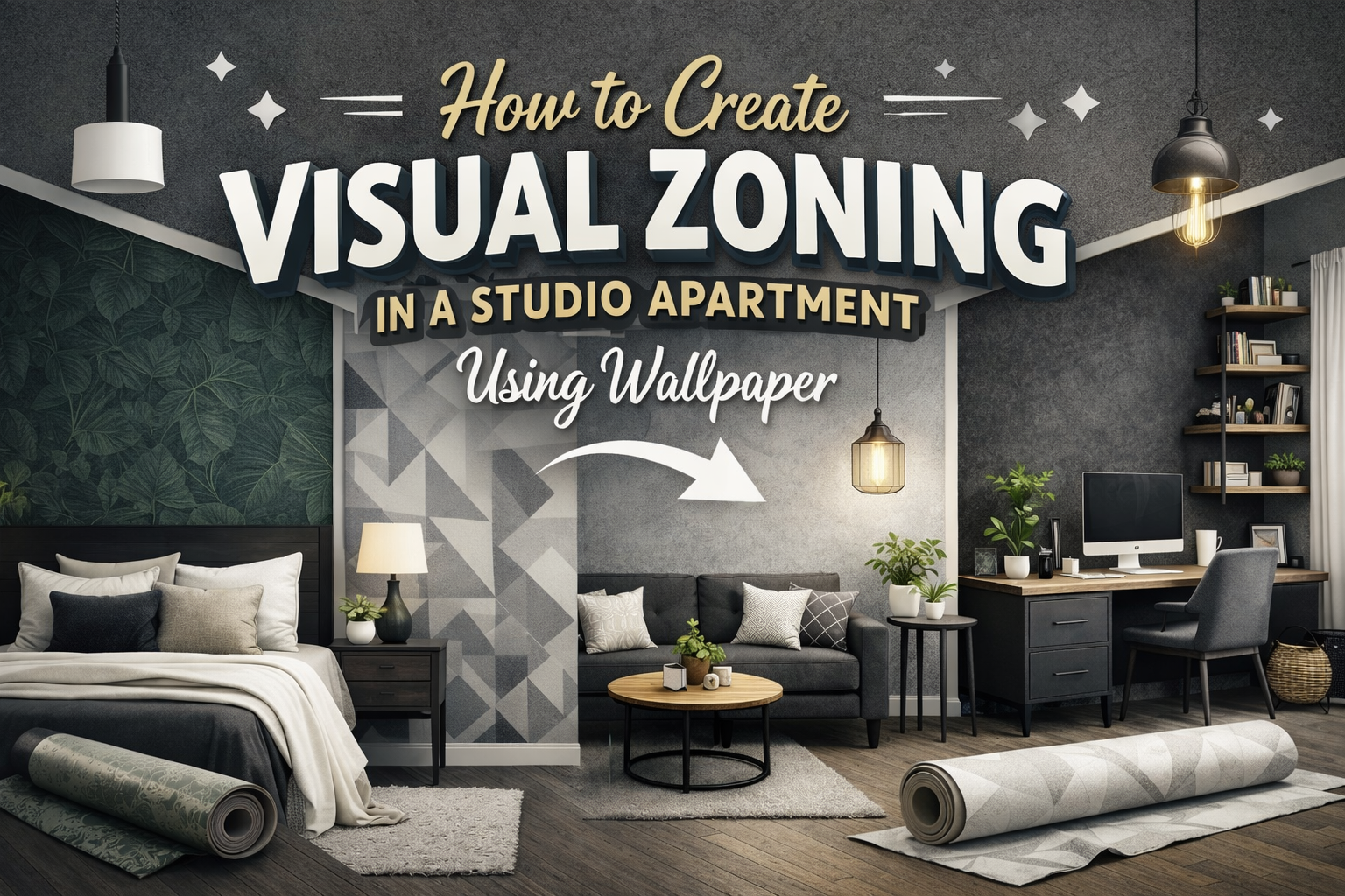 A modern studio apartment showing visual zoning created with different wallpaper patterns for the bedroom, living area, and home office, with professional neutral colors and stylish decor.