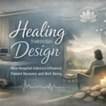 Realistic hospital interior with calming natural light, soft neutral colors, and a patient seated by a window, illustrating how thoughtful healthcare design supports healing and patient well-being.