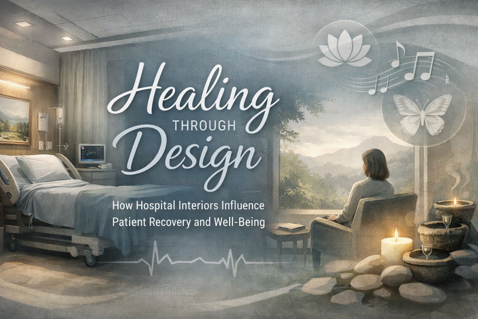 Realistic hospital interior with calming natural light, soft neutral colors, and a patient seated by a window, illustrating how thoughtful healthcare design supports healing and patient well-being.
