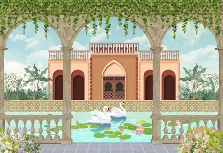 Rajangan, 3D Royal Courtyard Garden Wall Mural, Customized