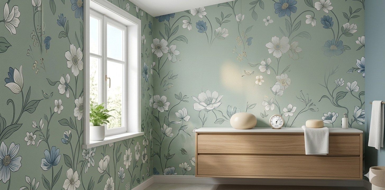 Floral wallpaper in a humid bathroom.