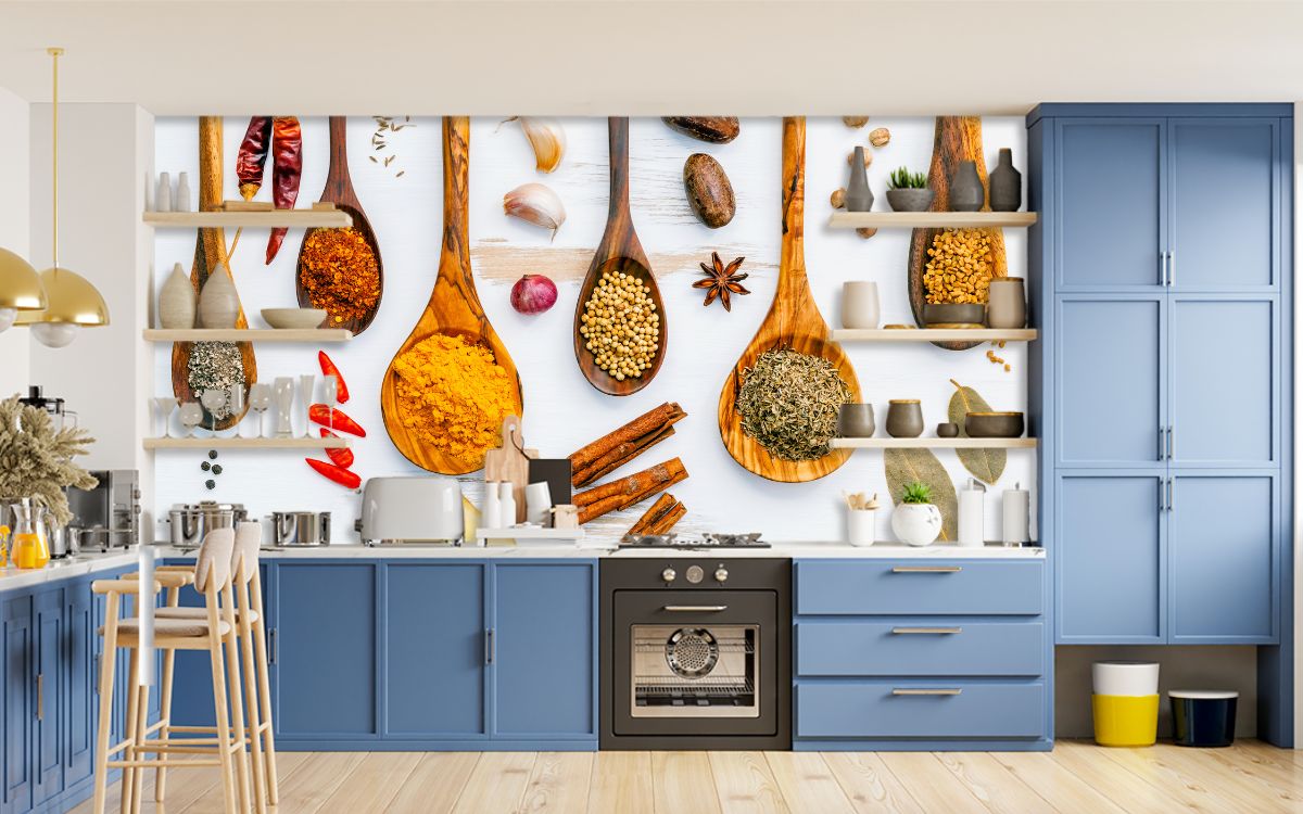 Wooden Spoons and Spices Wallpaper for Restaurants, Kitchens