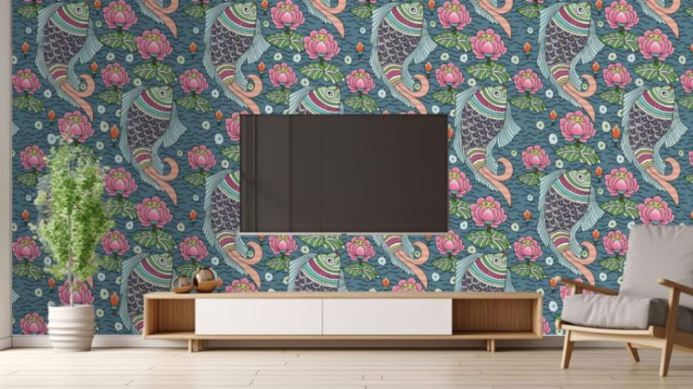 Seamless Mithila Painting of Fishes Wallpaper Mural