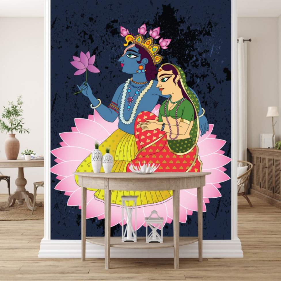 Wallpaper of Divine Serenity of Radha and Krishna on Lotus