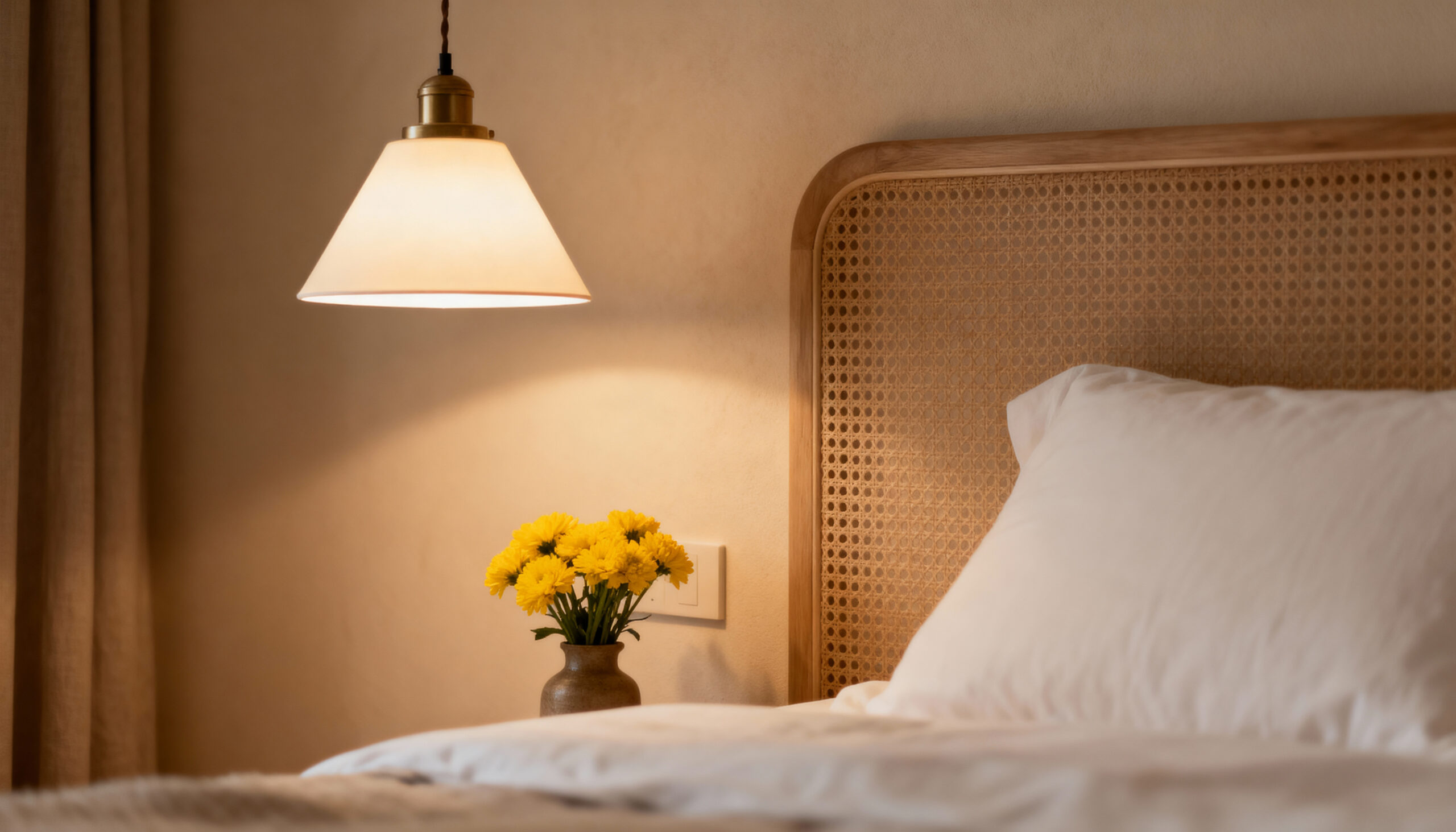 cozy-bedroom-with-rattan-headboard-pendant-light