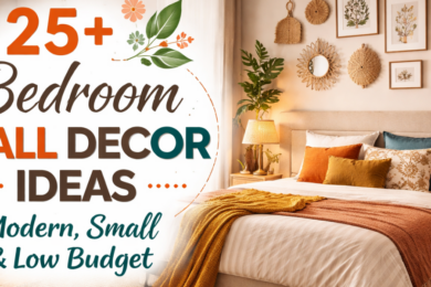 Modern Indian bedroom with wall decor and text “25+ Bedroom Wall Decor Ideas – Modern, Small & Low Budget.”