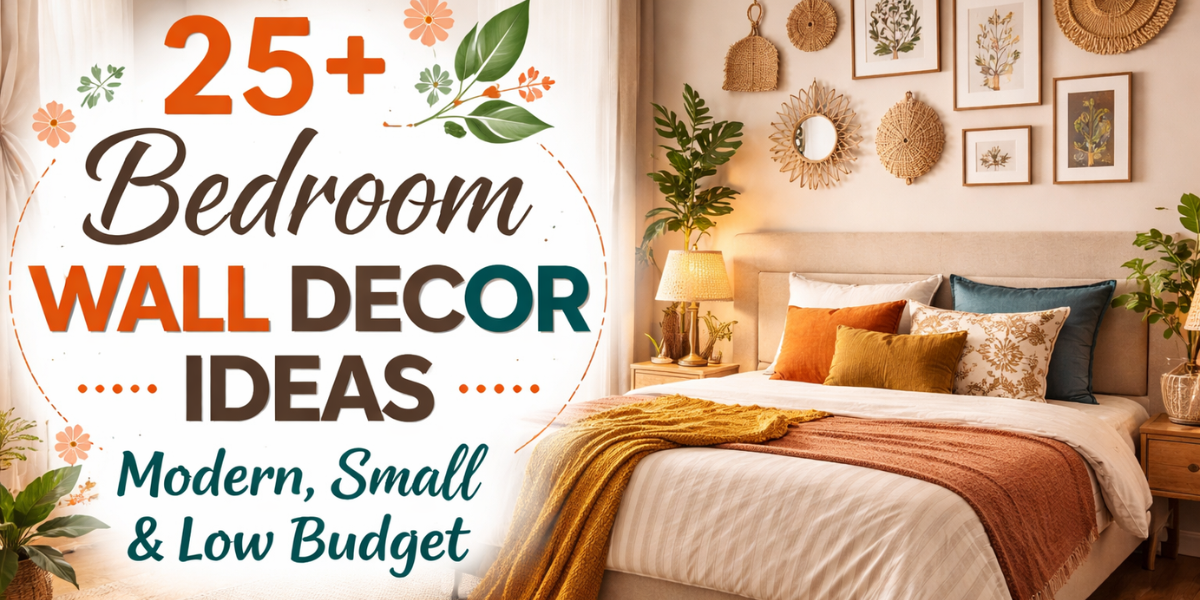 Modern Indian bedroom with wall decor and text “25+ Bedroom Wall Decor Ideas – Modern, Small & Low Budget.”