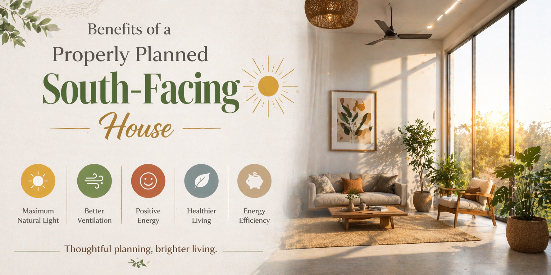 Sunlit modern living room with large south-facing windows and warm natural light, illustrating benefits of a south-facing house.