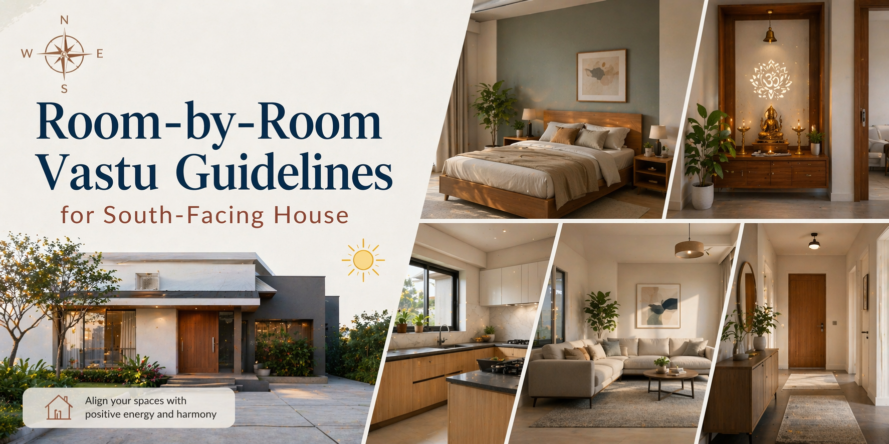 Modern home collage showing bedroom, kitchen, living room, and entrance with Vastu-inspired layout for a south-facing house.