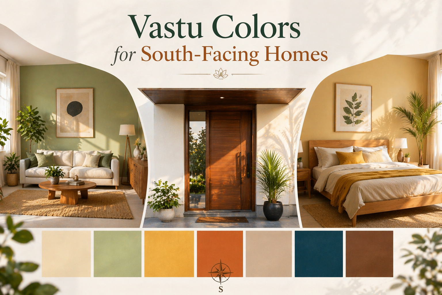 Modern home interiors with warm sunlight and a color palette display, representing Vastu colors for south-facing homes.
