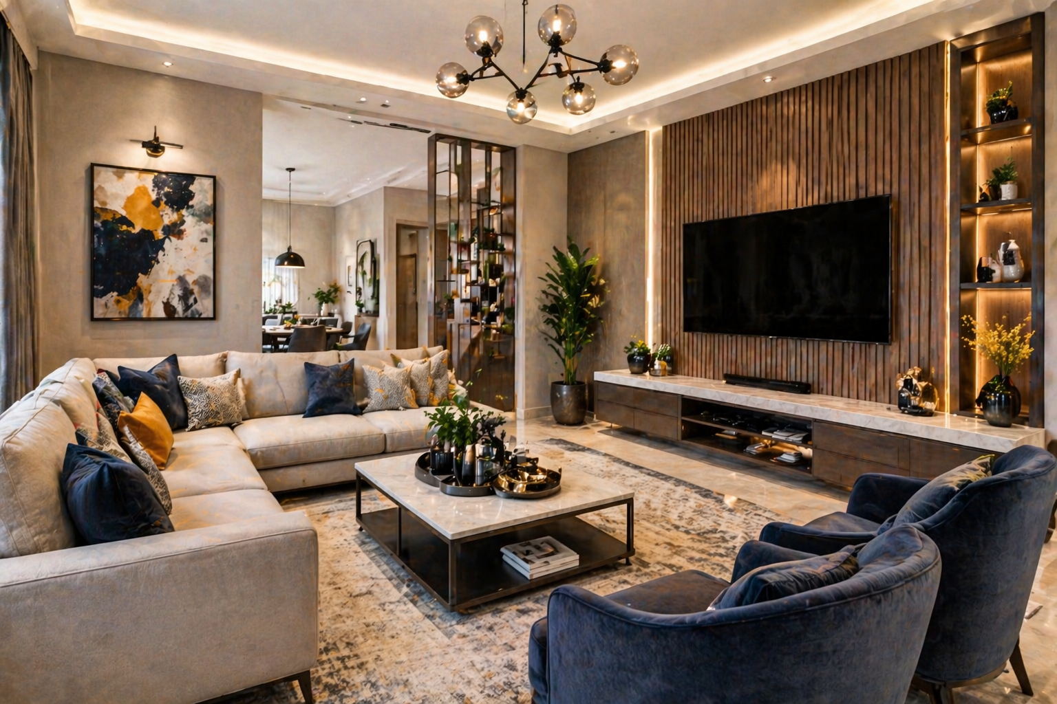Modern living room with neutral tones, stylish furniture, warm lighting, and elegant decor.