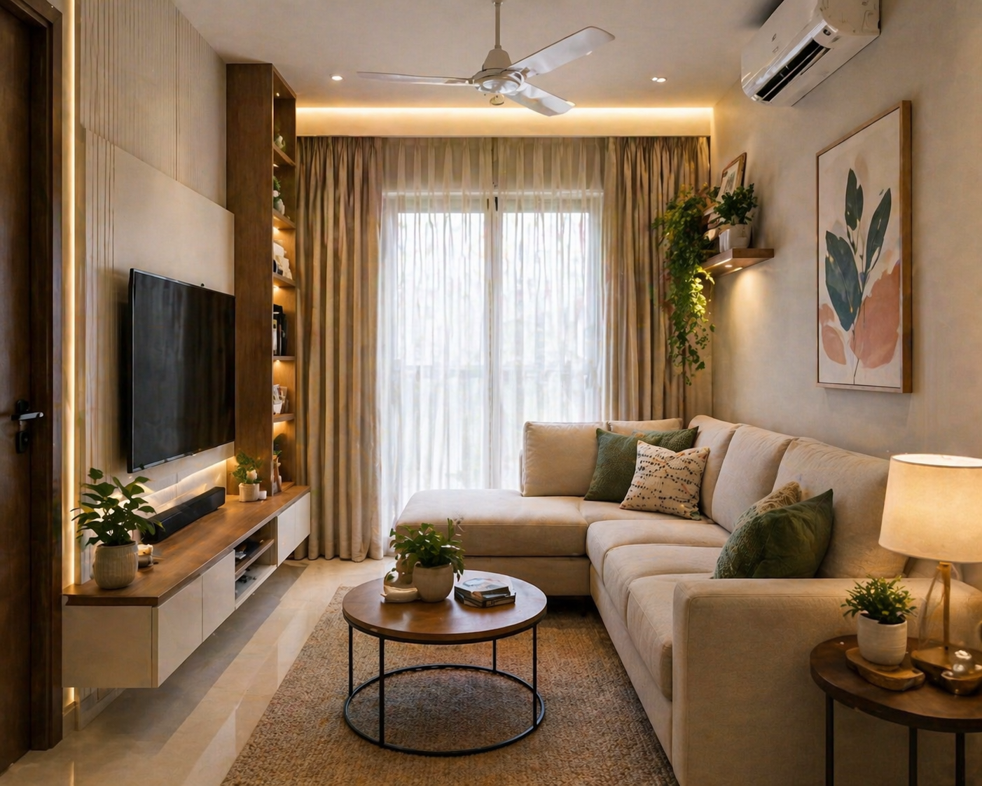 Cozy small living room with neutral tones, compact sofa, warm lighting, and smart space-saving design.