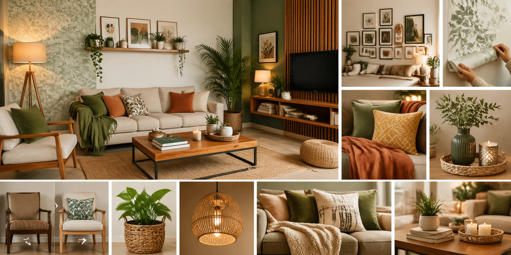 Budget living room interior with DIY decor, plants, wallpaper, and cozy furniture.