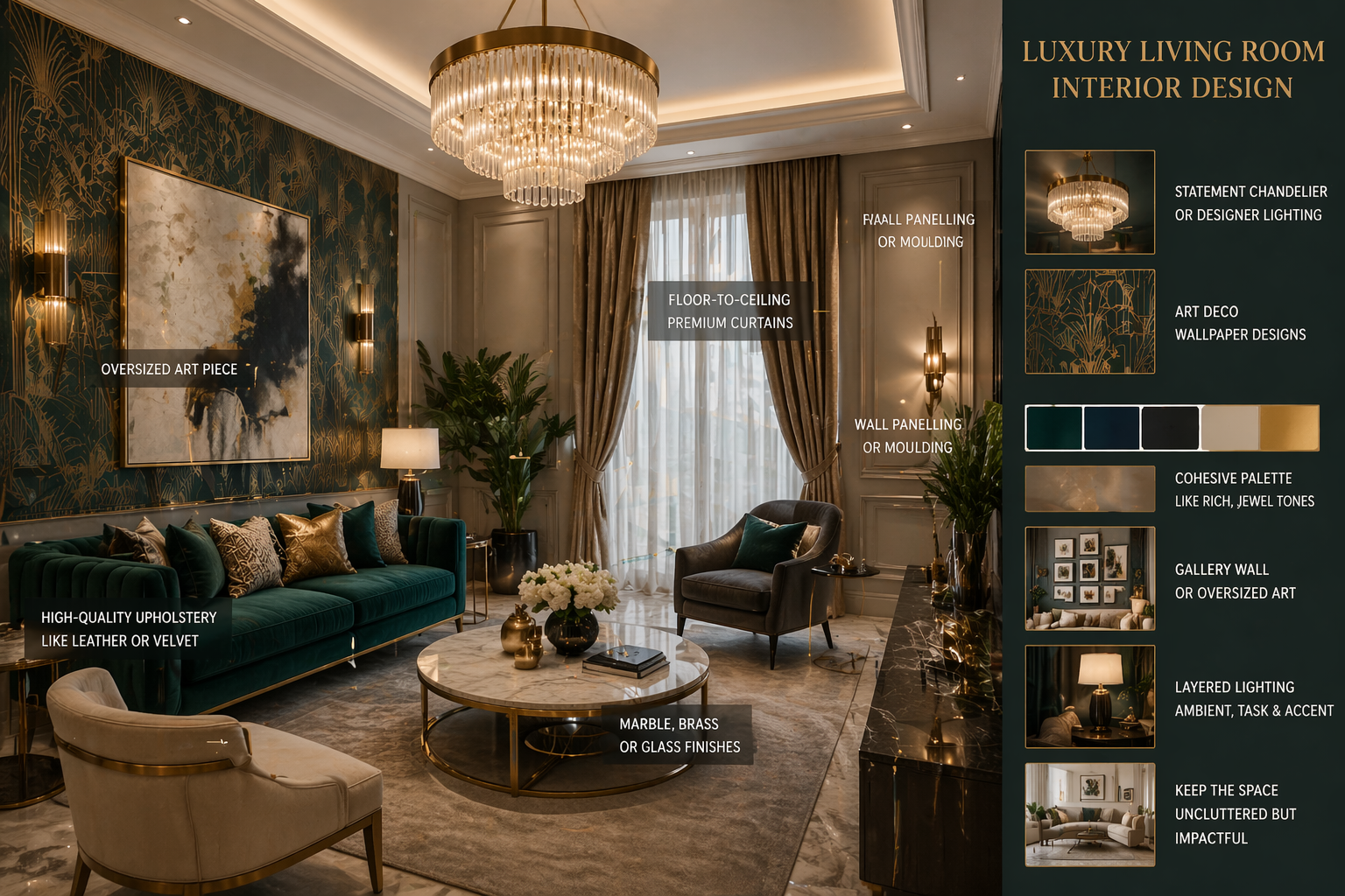 Luxury living room with velvet seating, statement chandelier, marble finishes, Art Deco wallpaper, layered lighting, and floor-to-ceiling curtains.