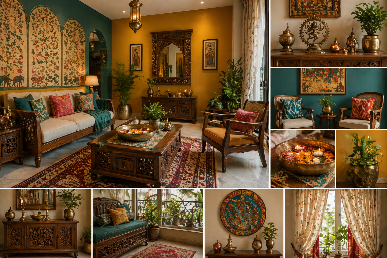 Indian living room with carved wooden furniture, brass decor, vibrant textiles, ethnic rugs, indoor plants, and folk art-inspired walls.