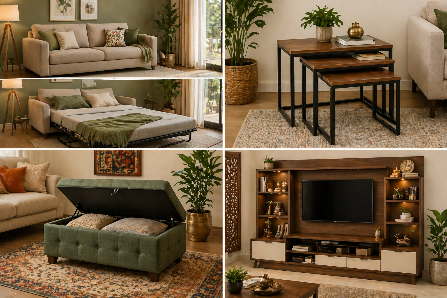 Smart living room furniture ideas featuring sofa cum bed, nesting tables, storage ottoman, and multifunctional TV unit.