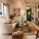 Modern Indian living room banner with stylish small-space decor, budget-friendly furniture, warm lighting, and contemporary interior design ideas.