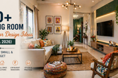Modern Indian living room banner with stylish small-space decor, budget-friendly furniture, warm lighting, and contemporary interior design ideas.