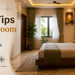 Modern Vastu-inspired bedroom with warm lighting, wooden decor, indoor plants, and text overlay about positive energy and better sleep.