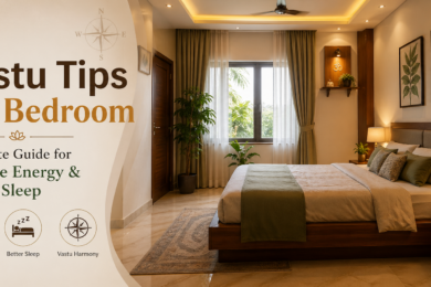 Modern Vastu-inspired bedroom with warm lighting, wooden decor, indoor plants, and text overlay about positive energy and better sleep.