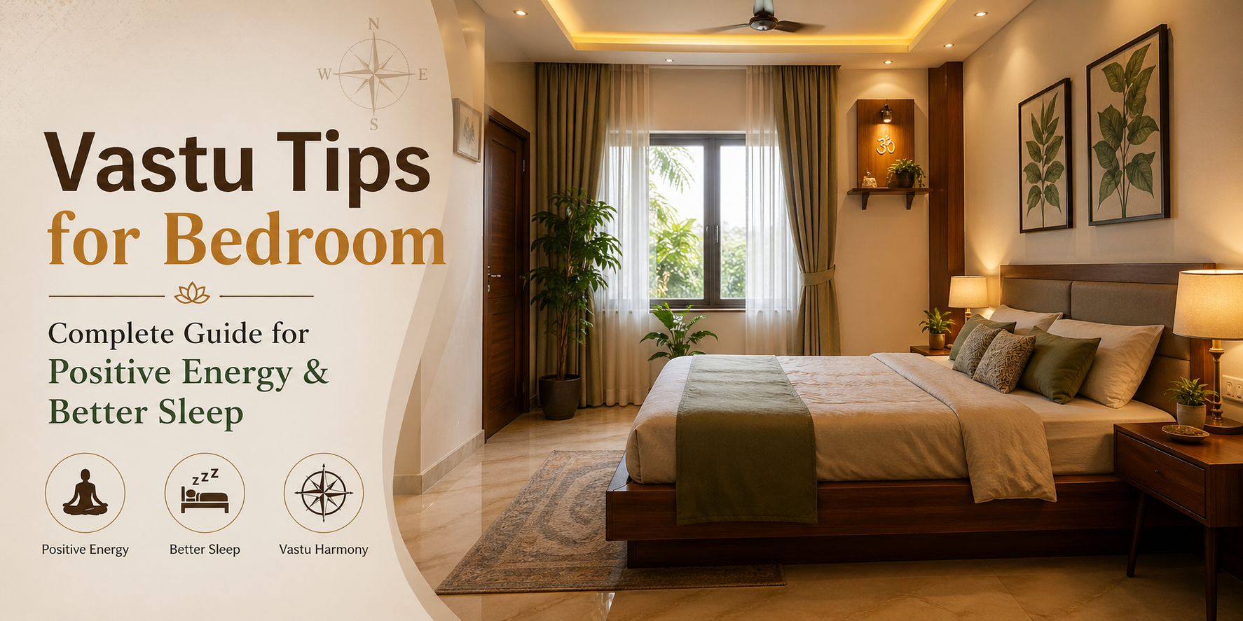 Modern Vastu-inspired bedroom with warm lighting, wooden decor, indoor plants, and text overlay about positive energy and better sleep.