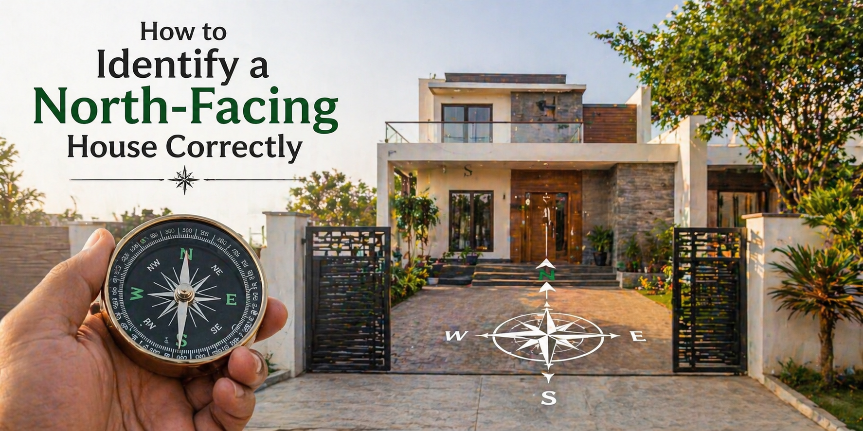 Modern house exterior with compass showing north-facing direction.