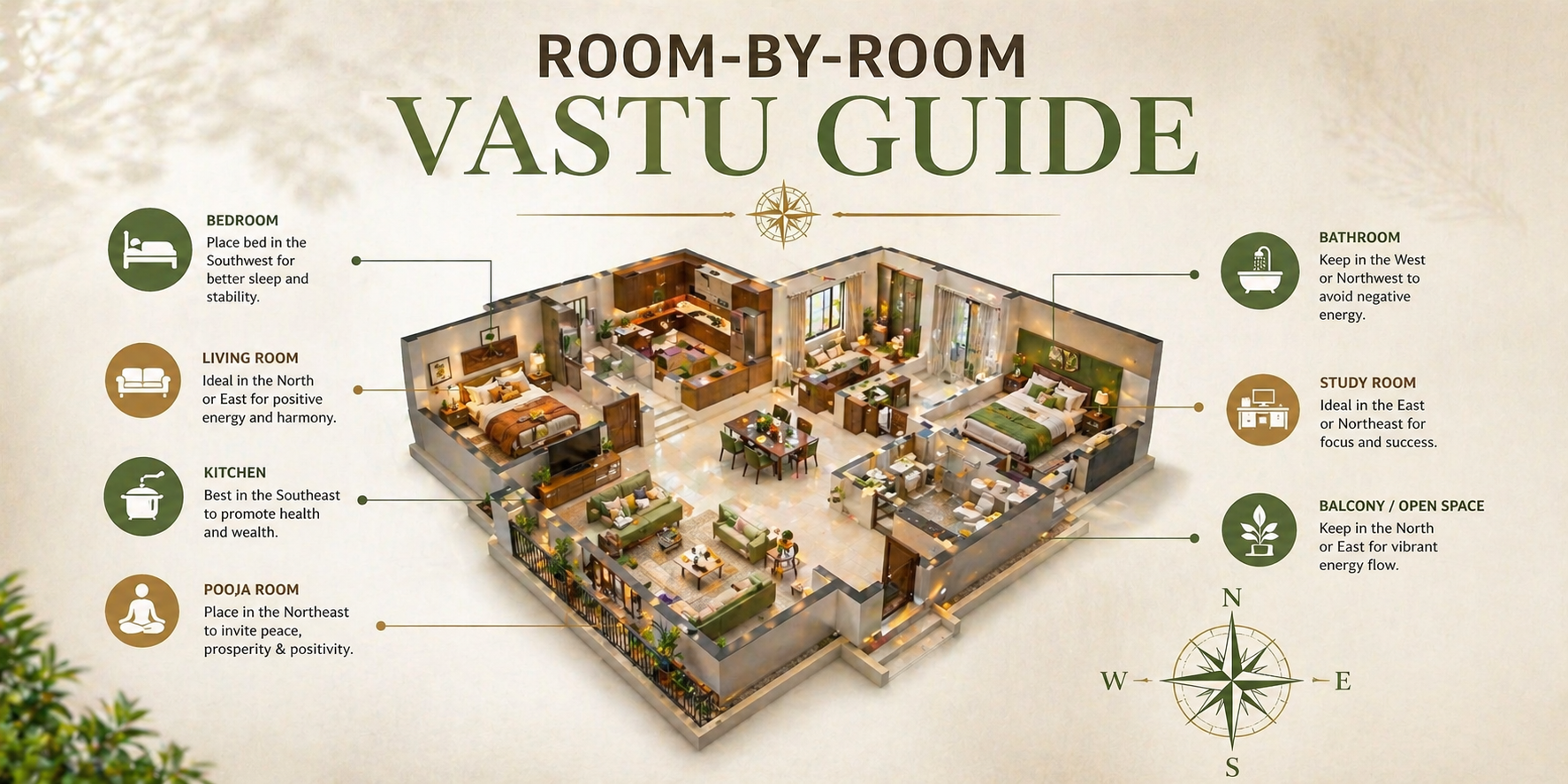 Home layout with rooms arranged according to Vastu directions.
