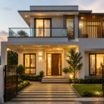 Modern north-facing house with Vastu compass and warm exterior lighting.