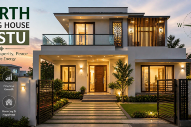 Modern north-facing house with Vastu compass and warm exterior lighting.