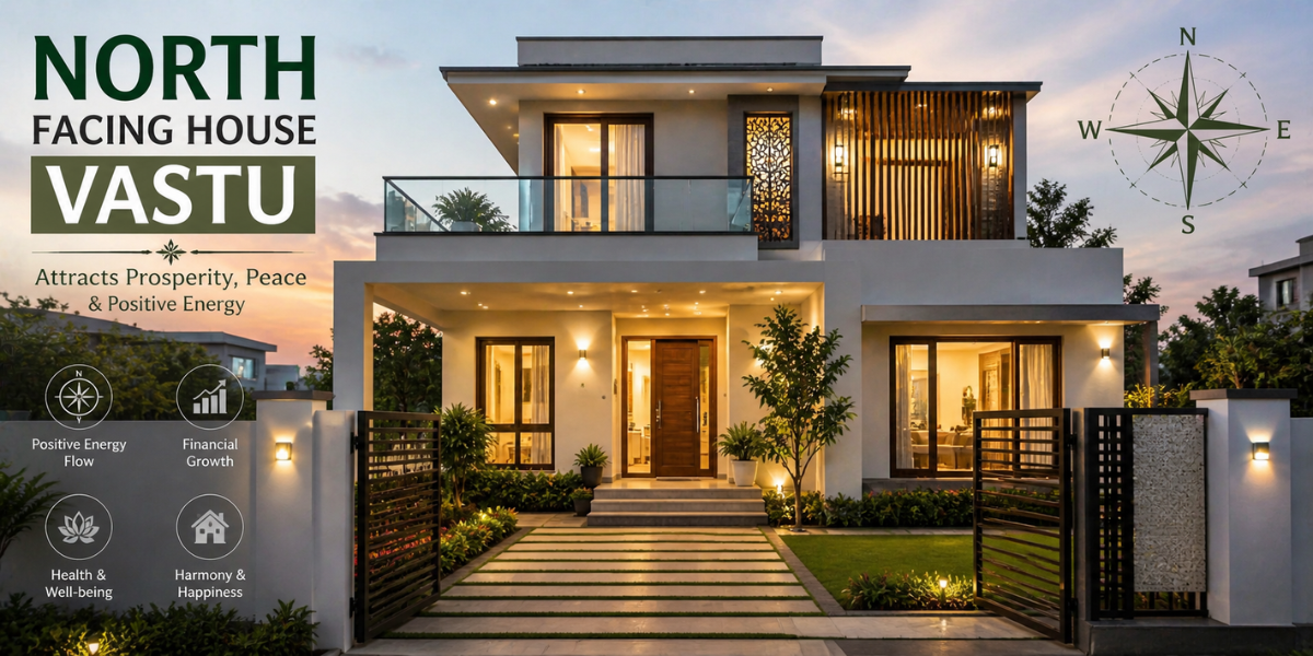 Modern north-facing house with Vastu compass and warm exterior lighting.