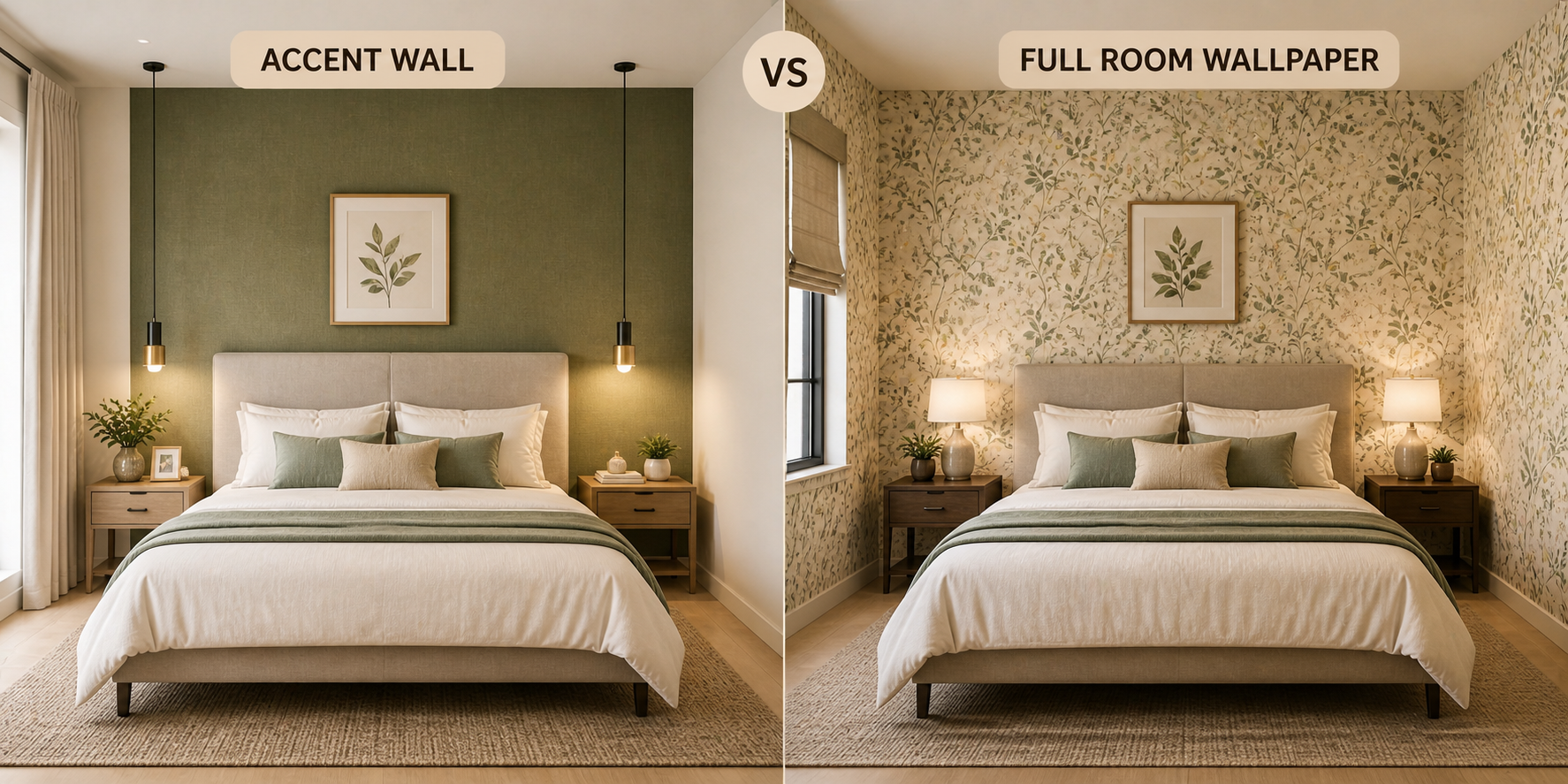 Accent wall vs full room wallpaper comparison in modern bedroom.