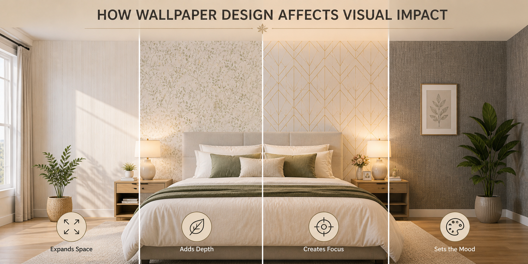 Bedroom showcasing different wallpaper styles and their visual impact.
