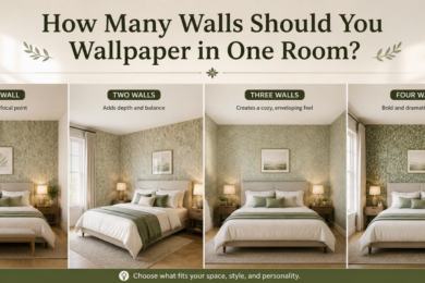 Different wallpaper layouts showing one to four walls in a bedroom.