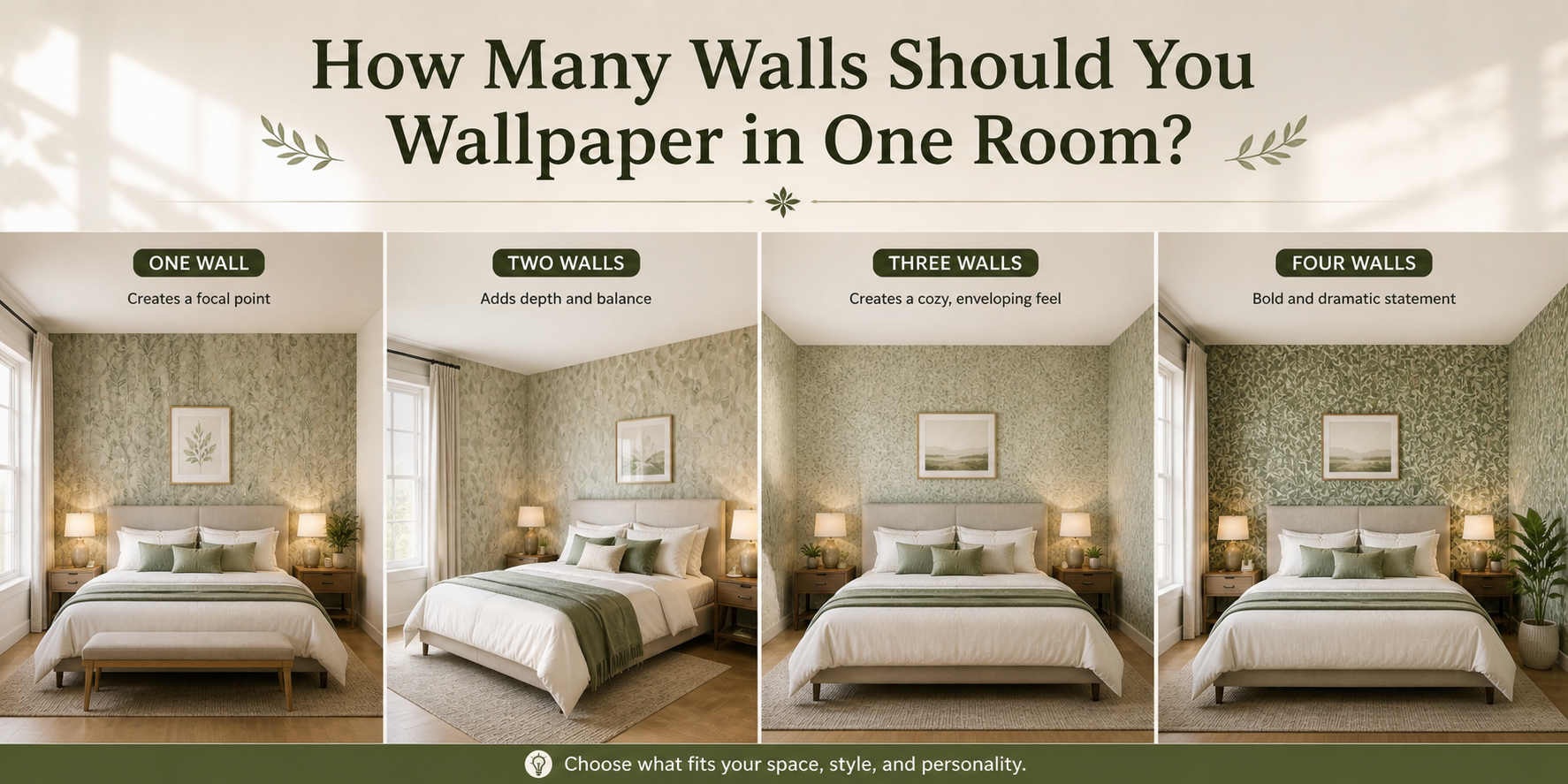 Different wallpaper layouts showing one to four walls in a bedroom.