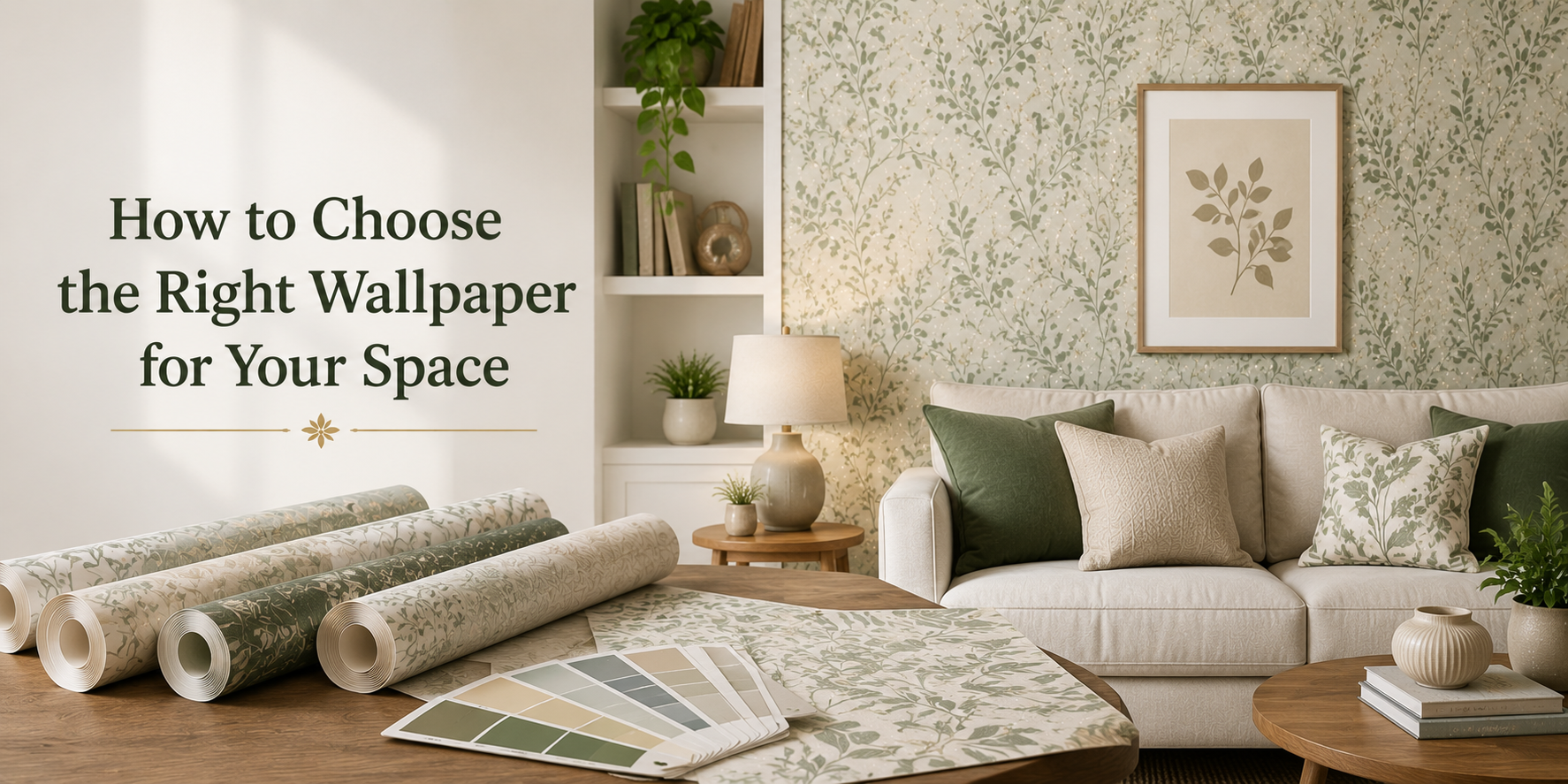 Modern living room with wallpaper samples and stylish botanical wall design.