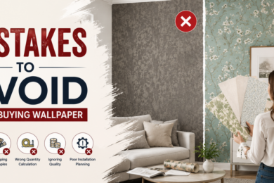 Banner showing mistakes to avoid when buying wallpaper with stylish interior wallpaper comparison