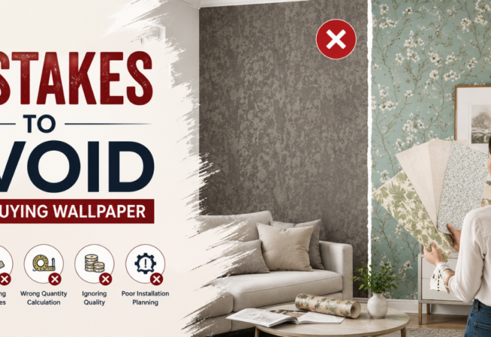 Banner showing mistakes to avoid when buying wallpaper with stylish interior wallpaper comparison